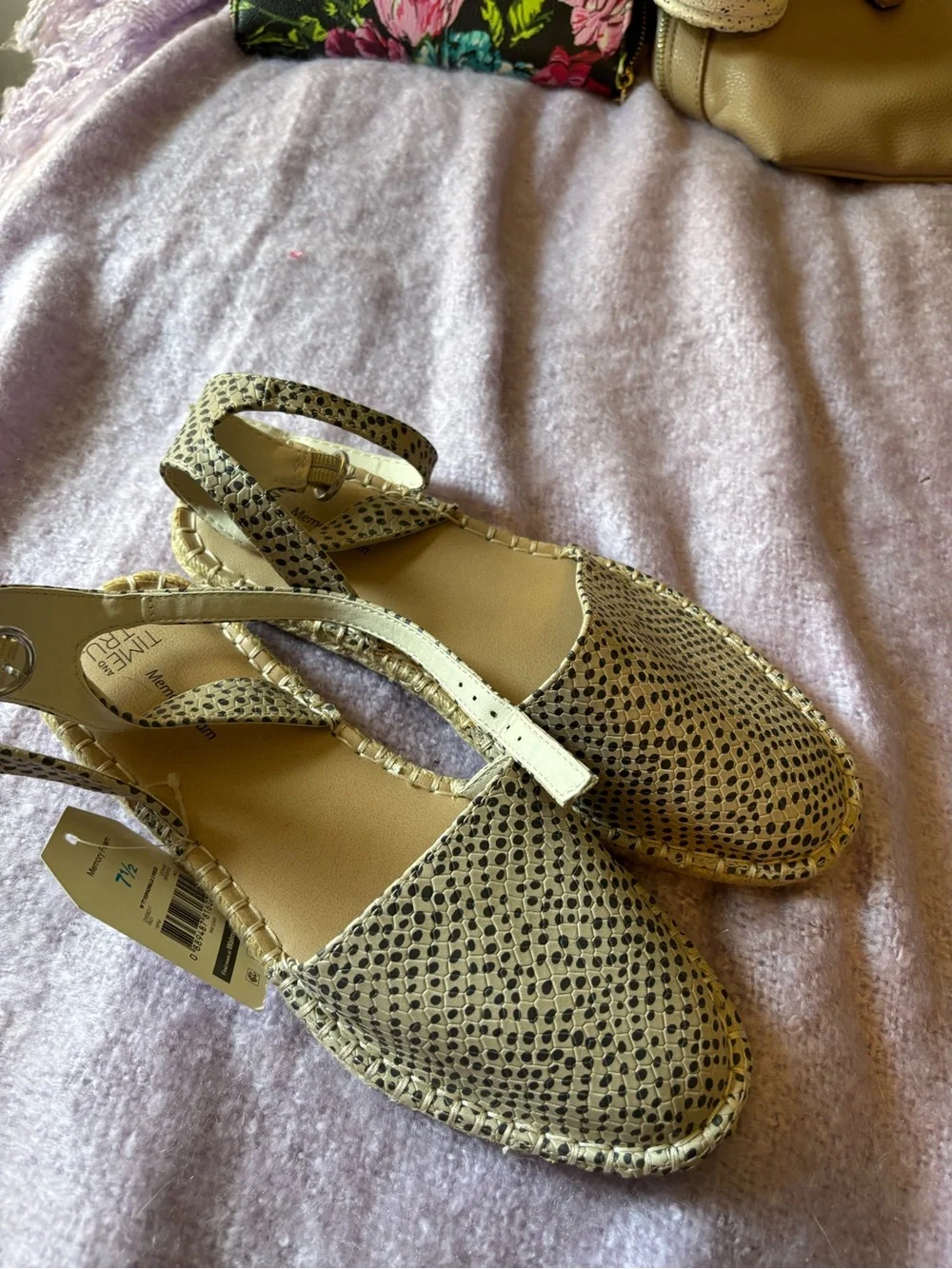 Time and Tru Beige Espadrille Slingback Sandals with Black Dot Print